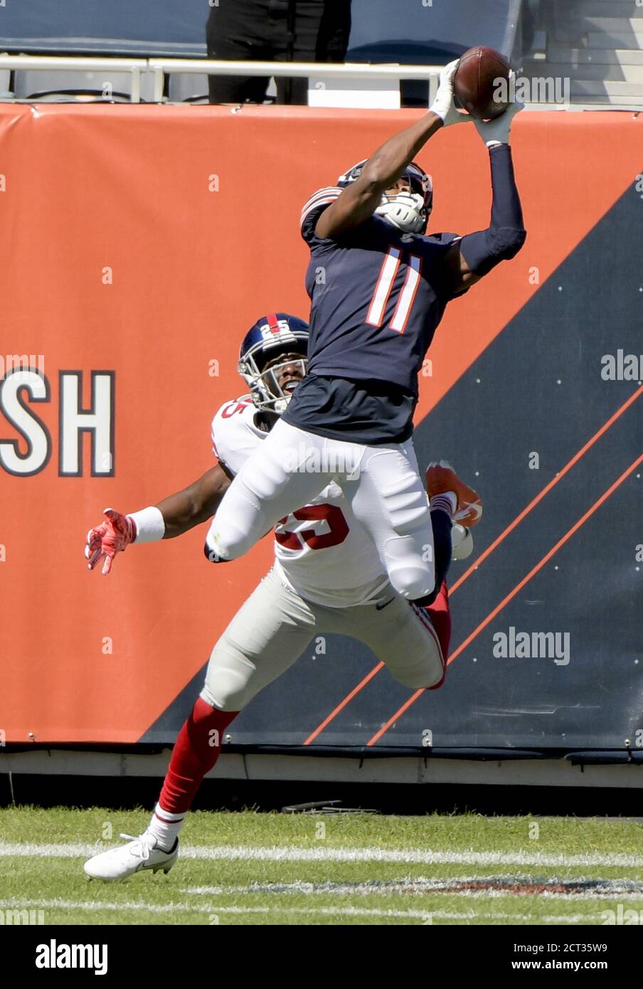 October 03, 2021: Chicago, Illinois, U.S. - Bears #11 Darnell Mooney  catches the ball before the NFL Game between the Detroit Lions and Chicago  Bears at Soldier Field in Chicago, IL. Photographer: