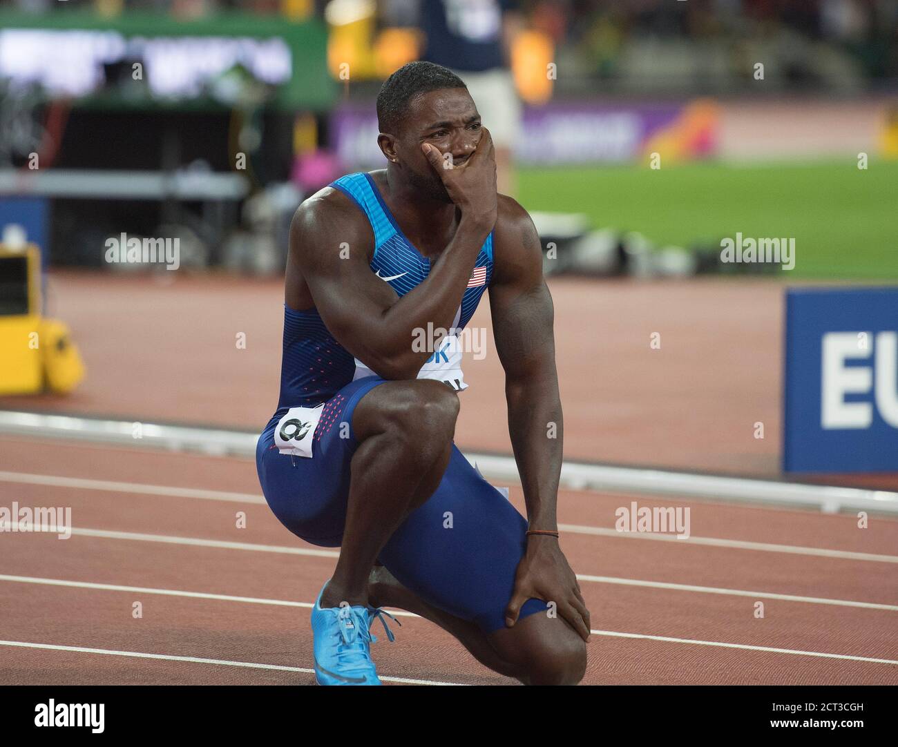 Justin Gatlin on his knees and cannot quite believe he is the new 100m World Champion   World Athletics Championships 2017 The London Stadium  Copyrig Stock Photo