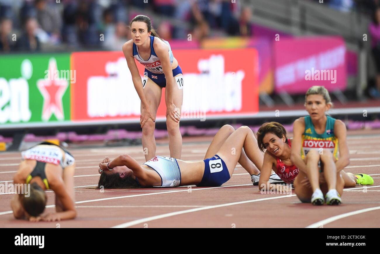 Laura Muir qualifies for the womens 1500 metre final and is standing over Jesscia Judd who missed out   World Athletics Championships 2017 The London Stock Photo