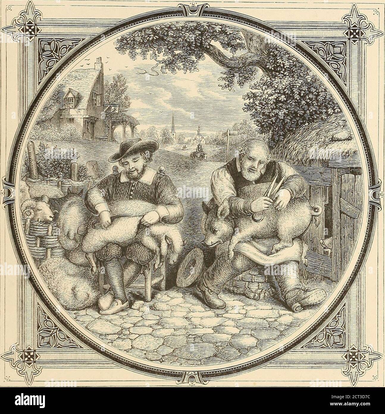 . Moral emblems, with aphorisms, adages, and proverbs, of all ages and nations . O^vr- - ALLS WELL THAT ENDS WELL- *%&gt;£*§*€; WHO BEGINS AMISS ENDS AMISS. -S^J Assdi rumori, e poca lana.. GREAT CRY AND LITTLE WOOL. TTEREIN we fee a fomewhat novel Sight,WE To which the Readers notice we invite :One man doth (hear a Sheep, and ftrange to fee,Another fhears a Pig in company.Let us confider what this thing may mean;Perchance therefrom fome kffon we may glean.He, who the Pig doth fhear, the fenfelefs lout,Believes he knows full well what hes about; VEEL GESCHREEUWS, EN LUTTEL WOL. MUCH WOULD HAVE Stock Photo