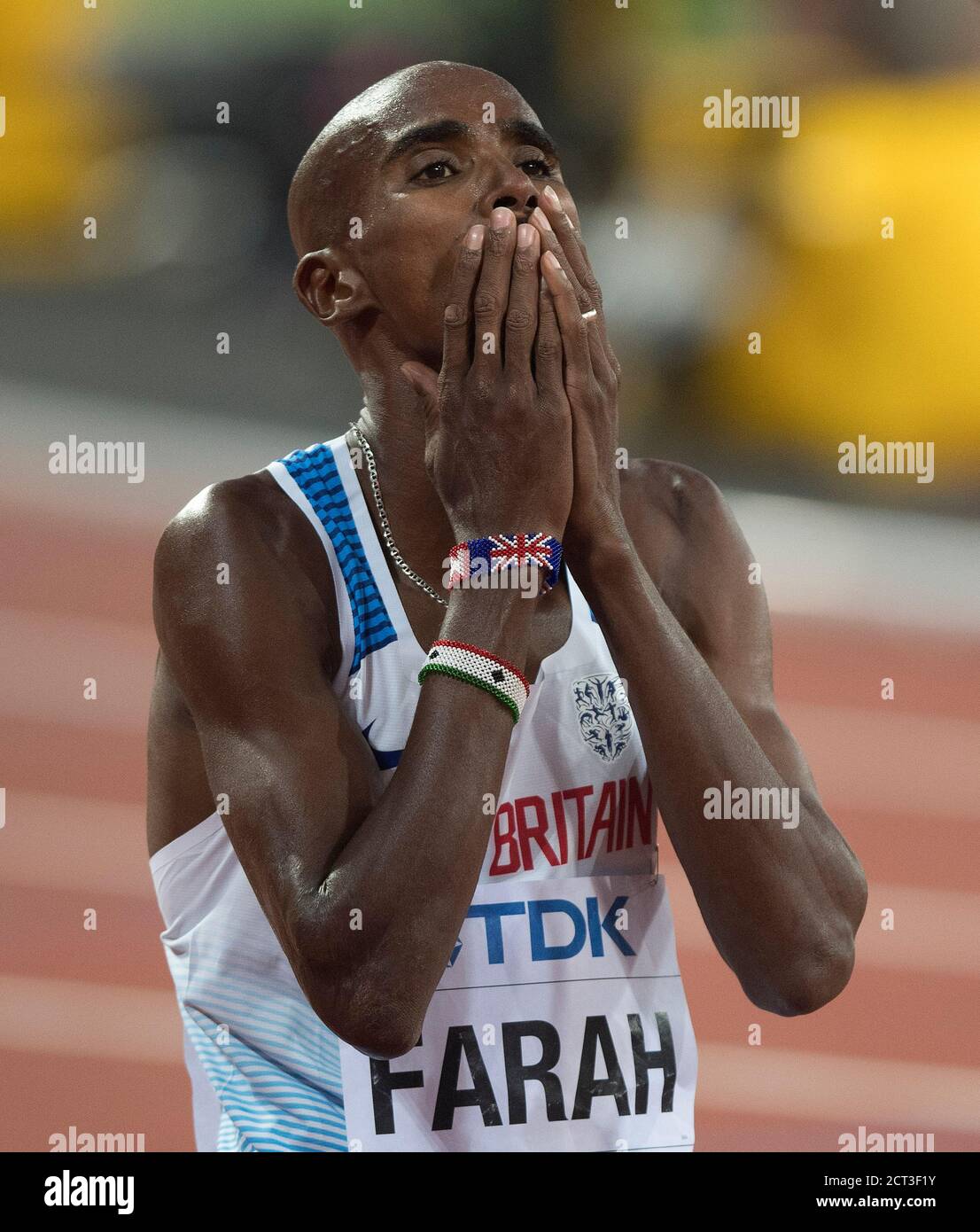 Mo Farah after finishing 2nd the Mens 5000m Final. Athletics World