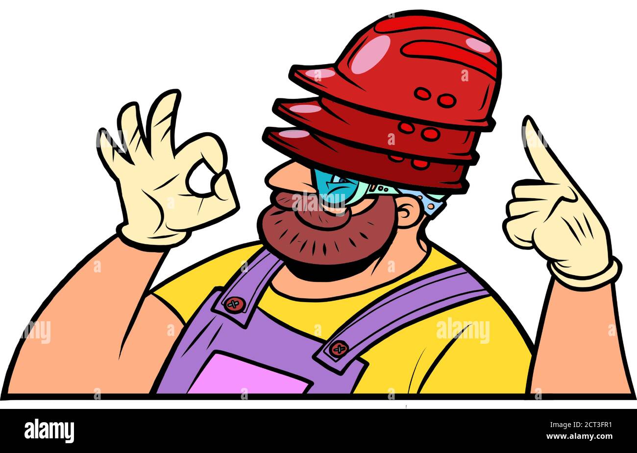 Three construction helmet on the head, protection. Triple protection