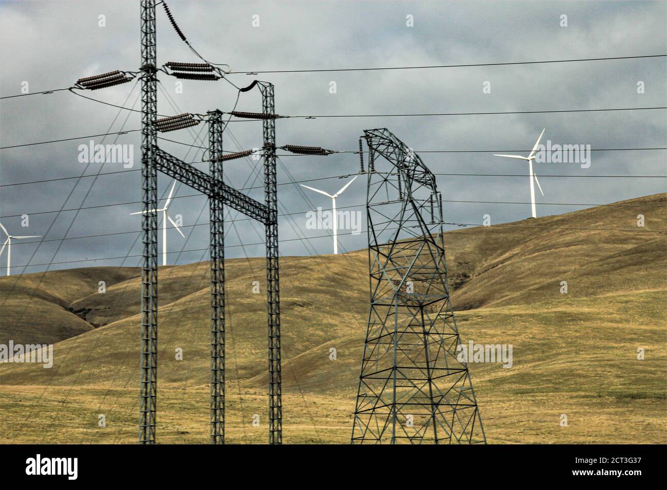 Wind power makes electricity and is moving from the Palouse of south east Washington to the people of the northwest USA who need it during the fires Stock Photo