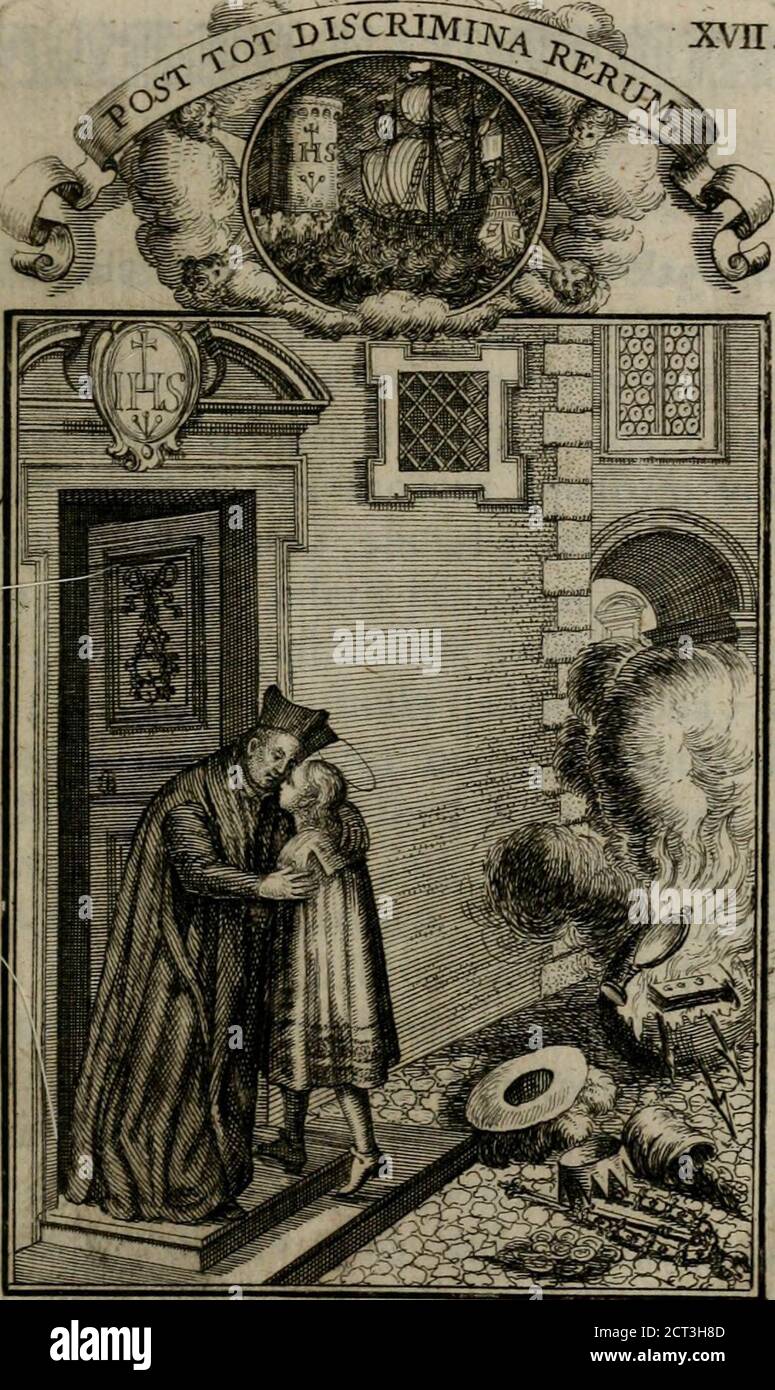 . Philosophia sacra, sive, Vita divi Stanislai Kostka, Soc. Jesu : iconismis et documentis moralibus illustr[a]ta, ac ejusdem divi praeviis apotheoseos honoribus humillimè consecrata . XVII.. ab Sociehxtcui abmtttitur. m^m «i XVII- AUdax niaxium fuit, qiuprimus Pelago ratem com-mitccro , &: quaruor a mortc dfgitis vivcre aufus cH:.Currcnti navicular millc occurrunt pericula. Jam furit«ftus,* jam intonant procclJar 5 jam nox ingruit, nimbistumentibus illunis;jam montcs aquarum volvuntur , &sputcs impugnari fidcray jam ad profundos vortices ferun-tur navcsy & crcdas, inferis proximas. Nuncfrctu Stock Photo