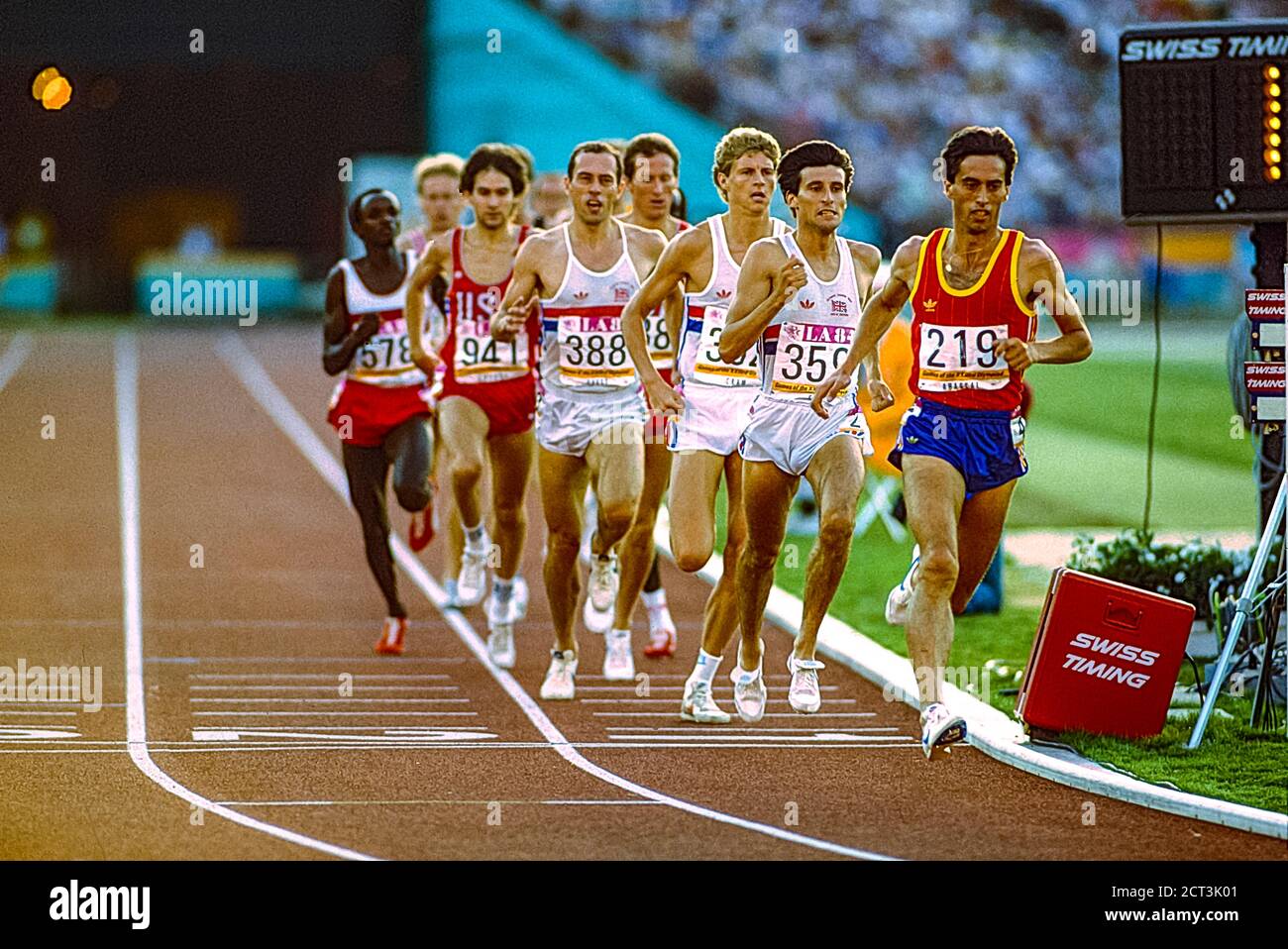 Seb Coe (GBR) -359- wins the 1500m with Steve Scott (USA) -938- and José Manuel Abascal (ESP) -219- at the 1984 Olympic Summer Games Stock Photo