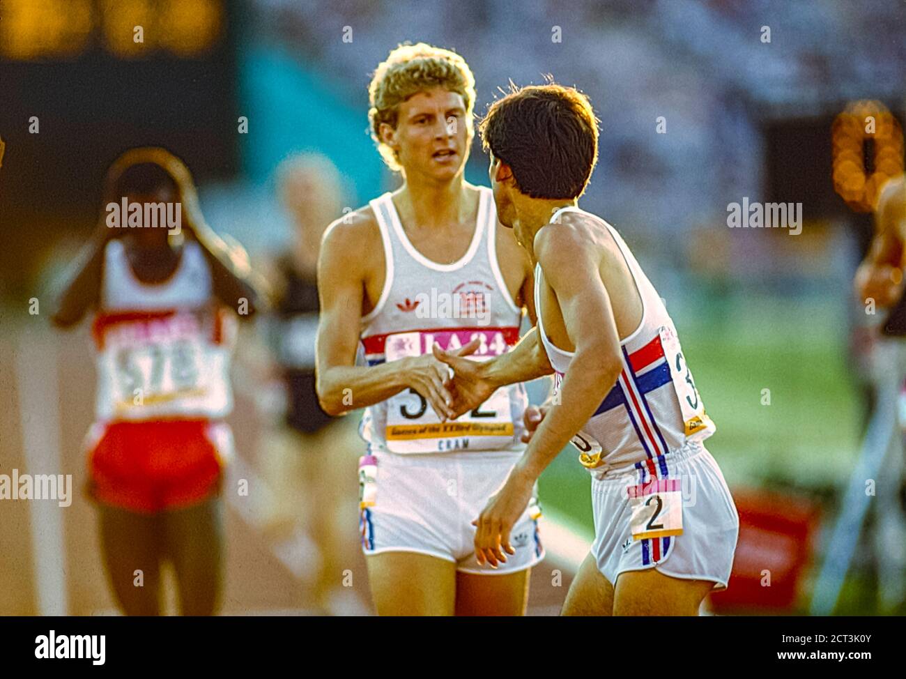Seb Coe (GBR) winnig the 1500m defeating Steve Cram (GBR) for the gold medal at the 1984 Olympic Summer Games Olympic Stock Photo
