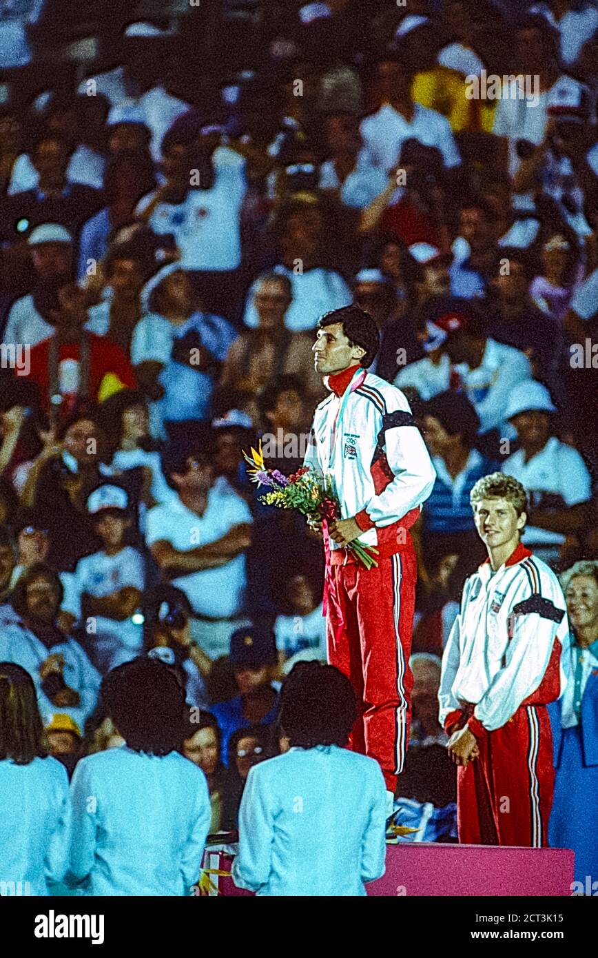 Seb Coe (GBR) winner of the 1500m defeating Steve Cram (GBR) for the gold medal at the 1984 Olympic Summer Games Olympic Stock Photo