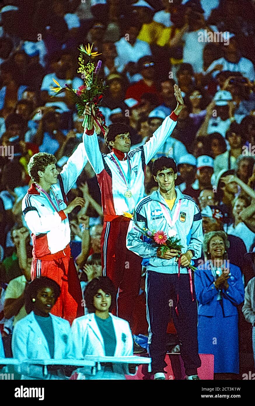Seb Coe (GBR) winner of the gold medal in the1500m with Steve Cram (GBR) silver and   and José Manuel Abascal (ESP) bronze at the 1984 Olympic Summer Games Olympic Stock Photo