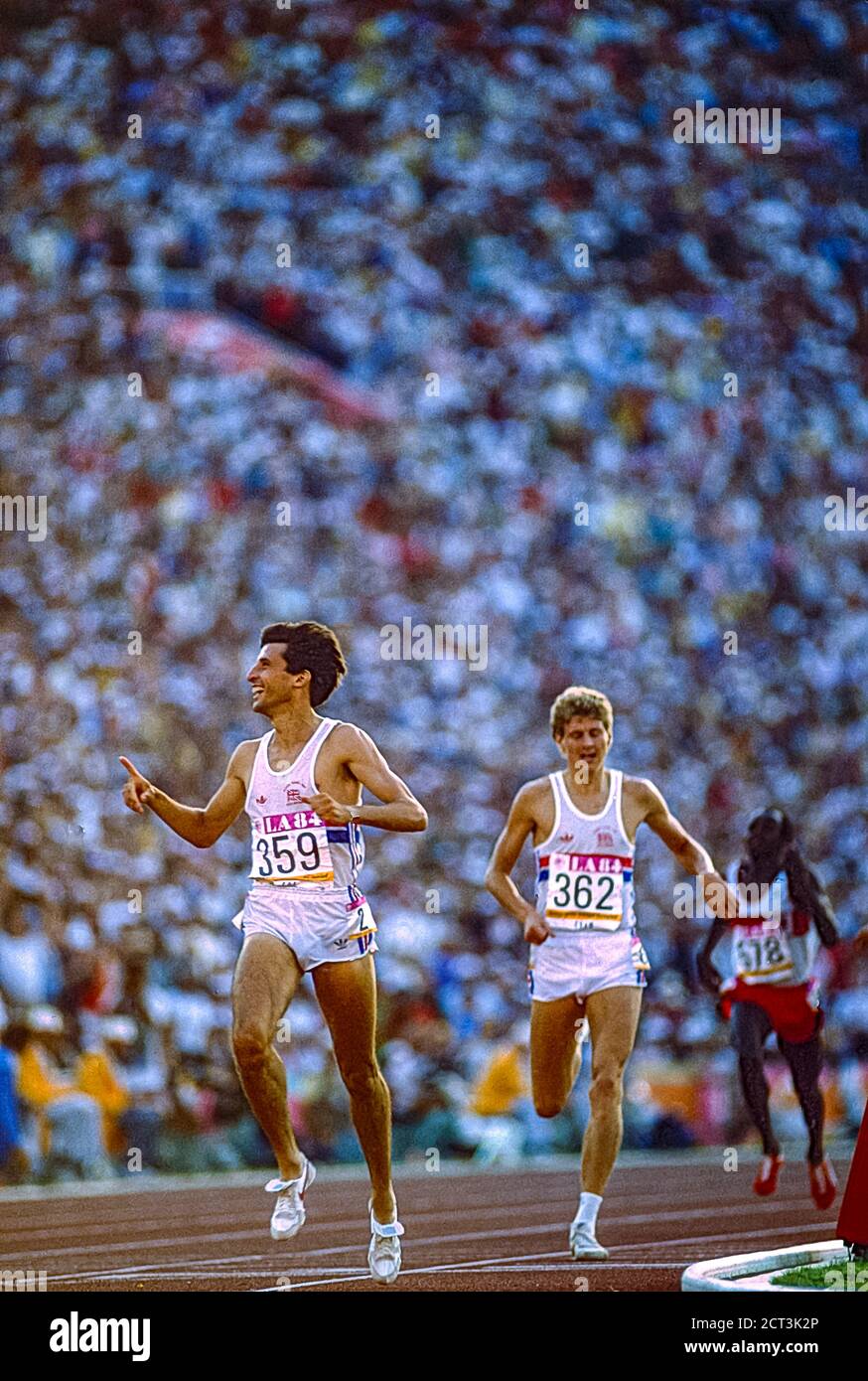 Seb Coe (GBR) winnig the 1500m defeating Steve Cram (GBR) for the gold medal at the 1984 Olympic Summer Games Olympic Stock Photo