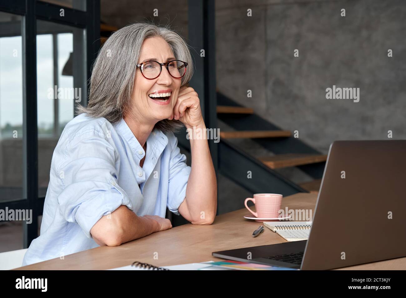 Happy mature middle aged woman laughing sitting at workplace with laptop. Stock Photo