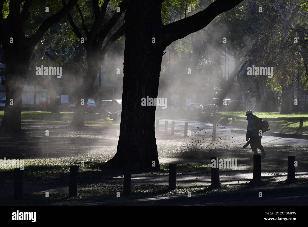 city employee working with a leaf blower at a public park in Buenos Aires, Argentina Stock Photo