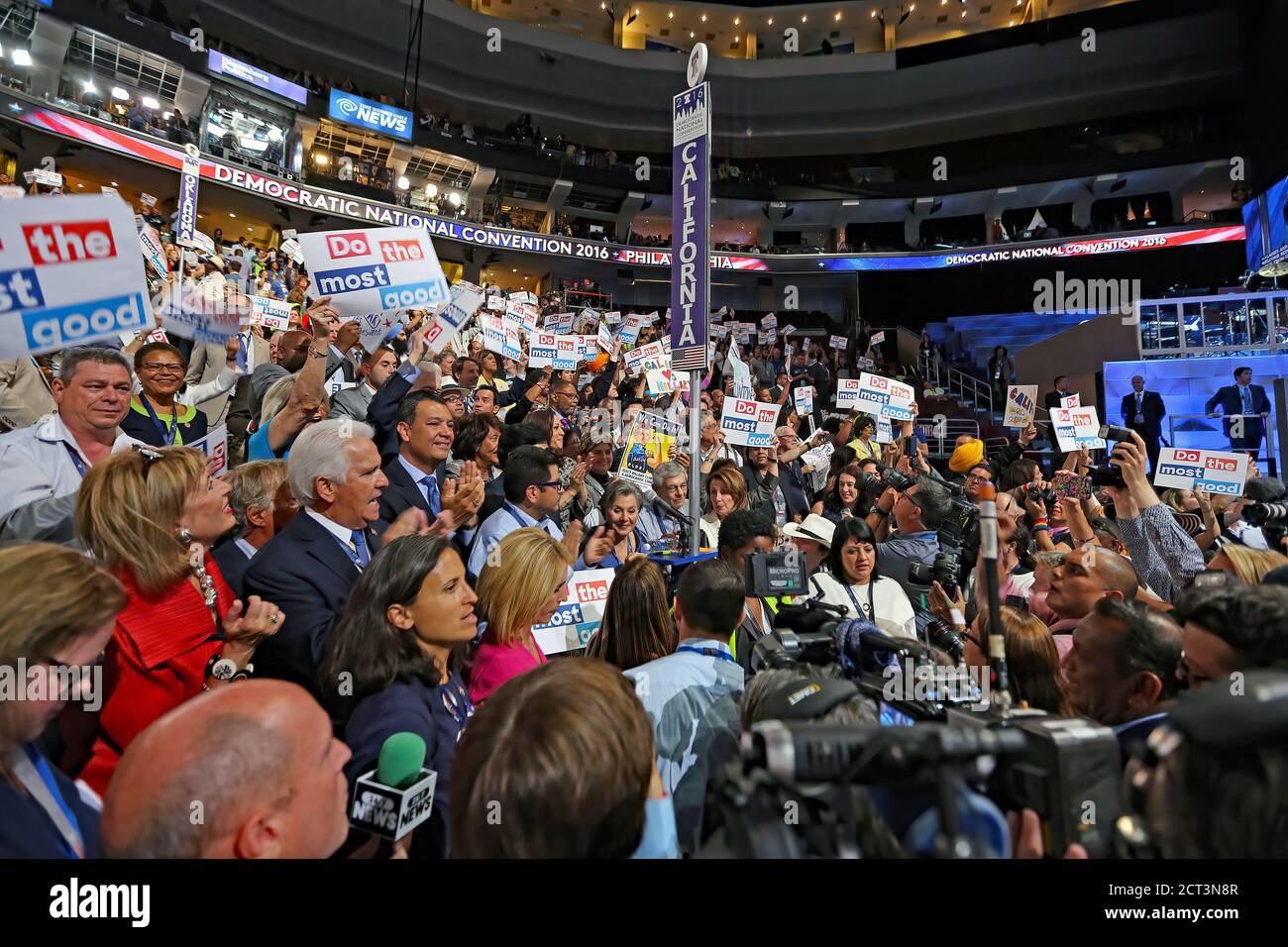 Philadelphia, Pennsylvania, USA, July 26, 2016 Senator Barbara Boxer (D-CA) and Congresswoman Nancy Pelosi (D-CA) stand in the crowd of California delegates as they cast the states vote for nominating Hillary Clinton for Presidential Candidate at the Democratic Party national convention in the Wells Fargo Arena Stock Photo