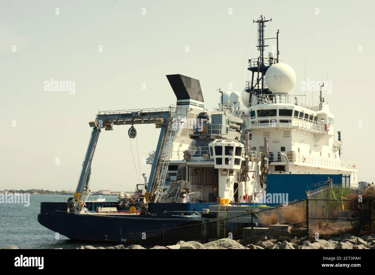 The Sally Ride research vessel was built in 2016 and is viewed in its home port, Point Loma, San Diego Bay, California. It uses hydrogen energy cells. Stock Photo