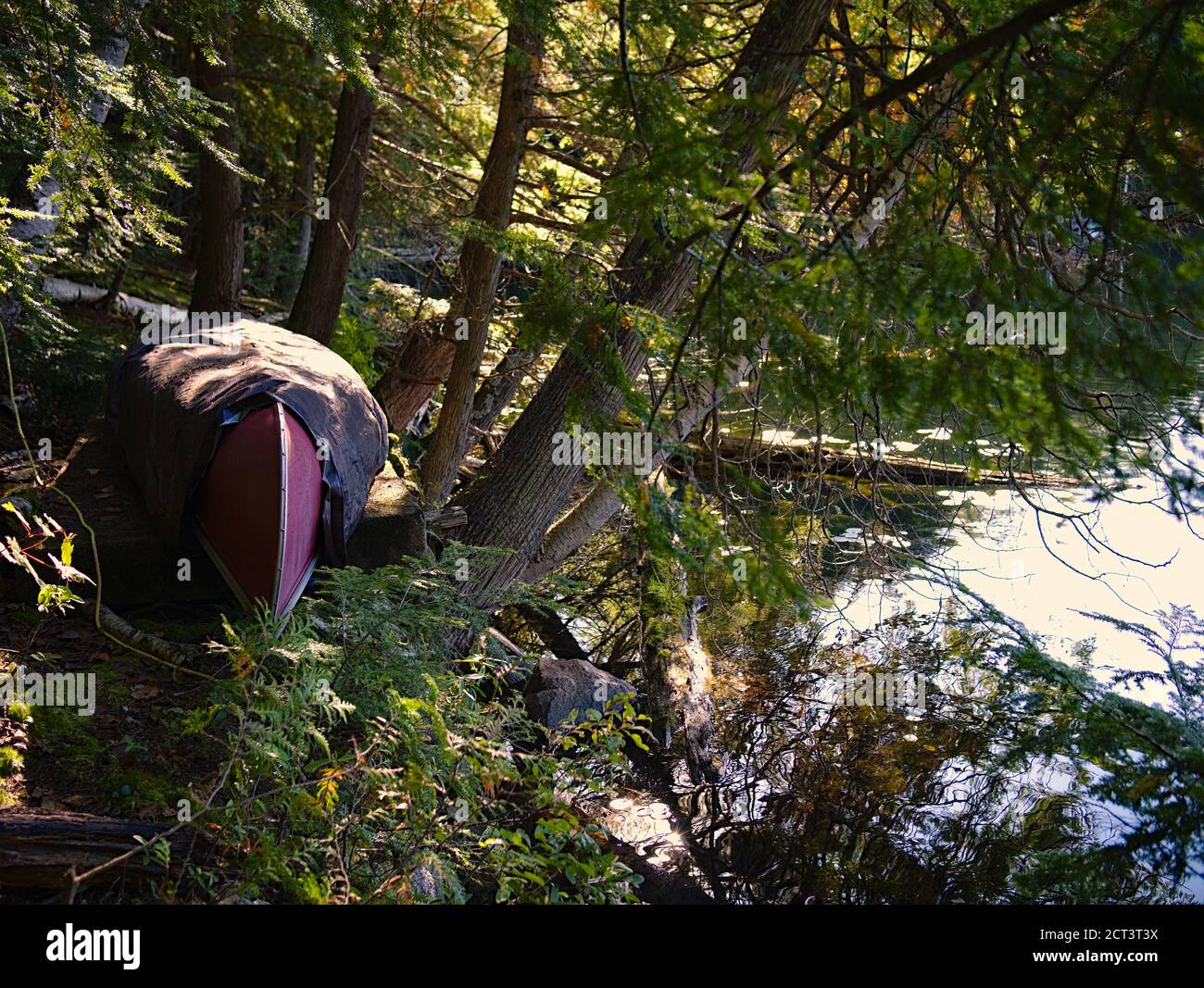 Red fiberglass twoperson canoe upside down and under tarpaulin at the