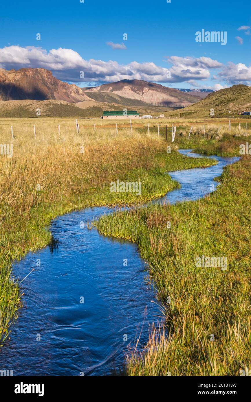 Estancia La Oriental farm buildings, Perito Moreno National Park, Santa Cruz Province, Patagonia, Argentina, South America Stock Photo