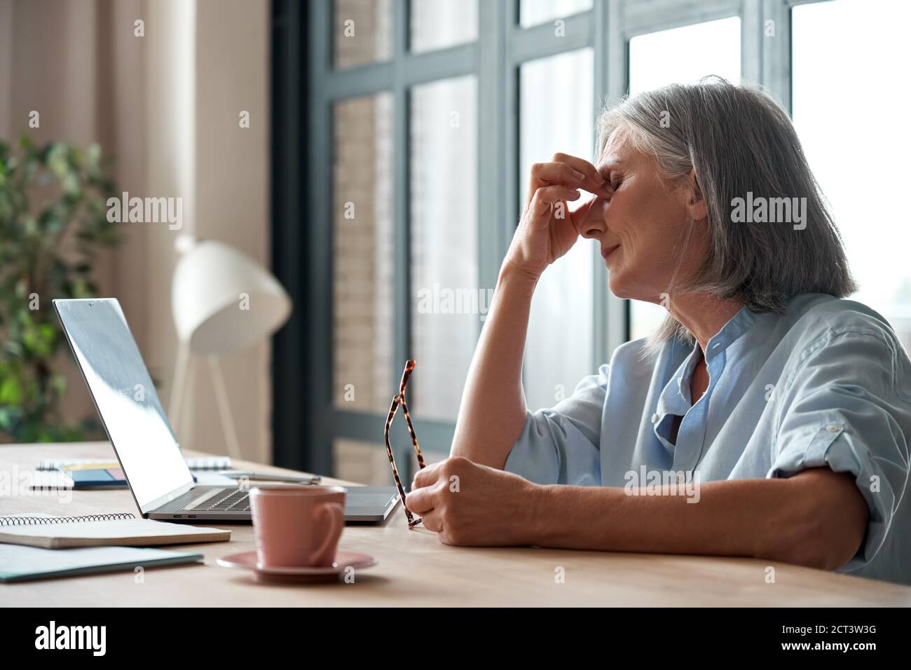 Tired old business woman takes off glasses feeling eye strain from computer. Stock Photo