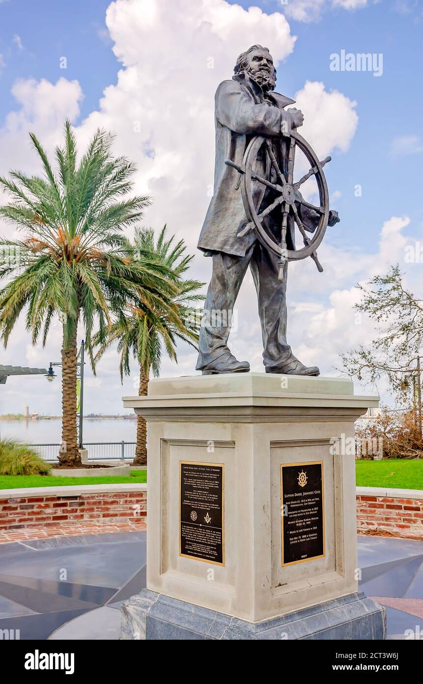 A statue of Captain Daniel Johannes Goos stands along the Lakefront Promenade, Sept. 9, 2020, in Lake Charles, Louisiana. Stock Photo