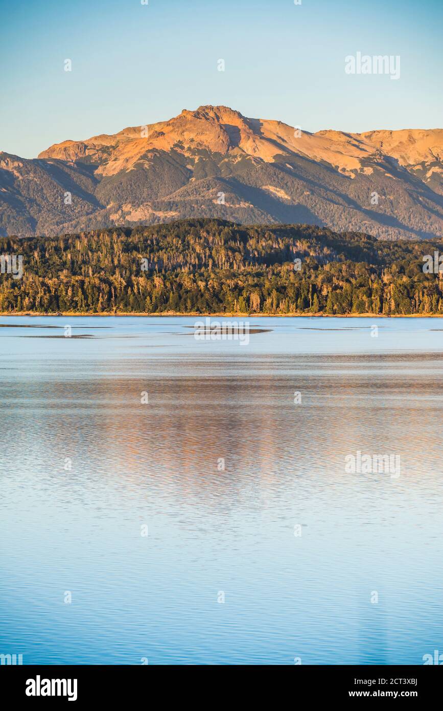 Nahuel Huapi Lake at first morning light, Villa la Angostura, Neuquen, Patagonia, Argentina, background with copy space, South America, background with copy space Stock Photo