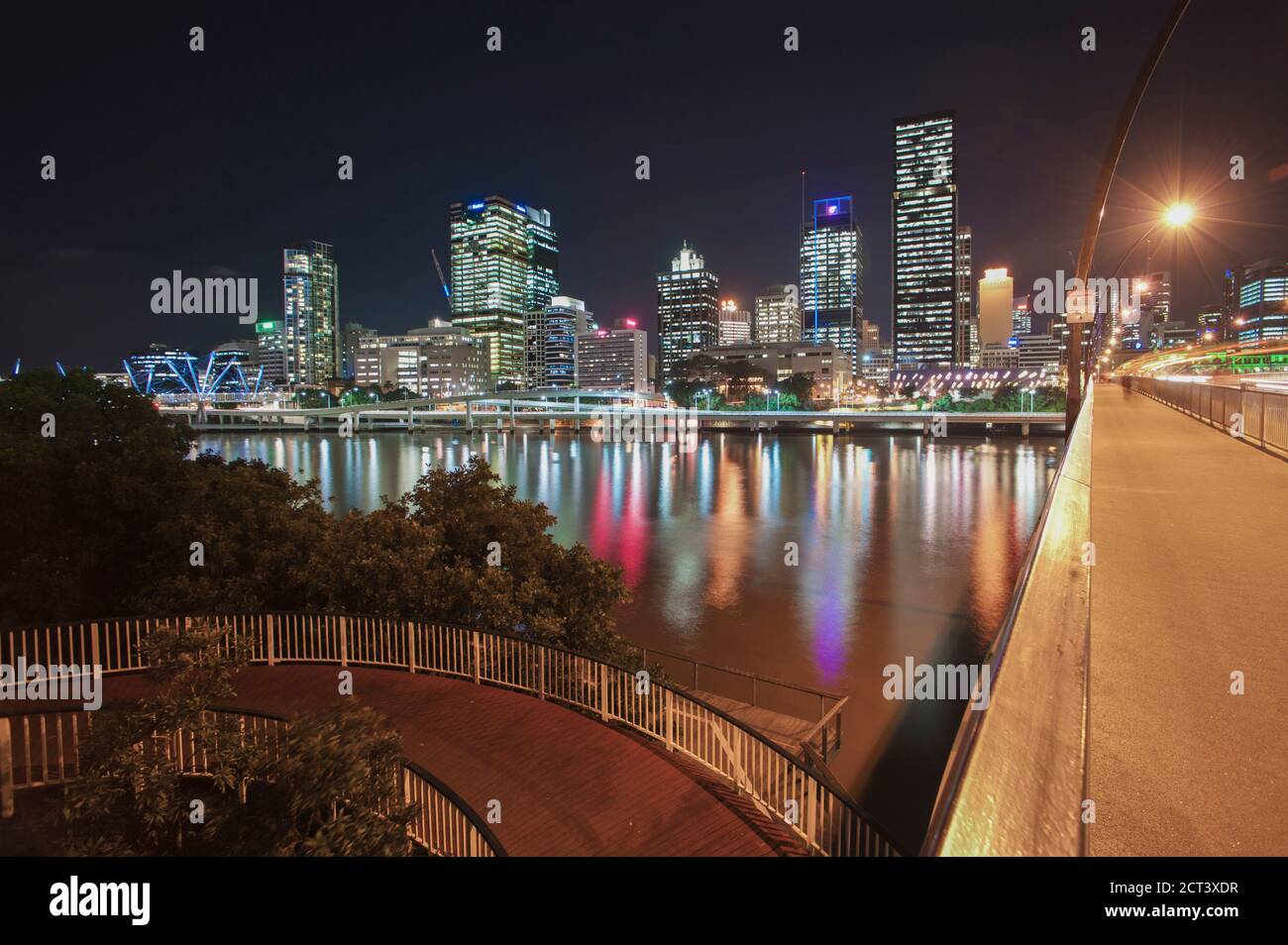 Brisbane skyline at night and the bridge to South Bank, Brisbane, Queensland, Australia Stock Photo