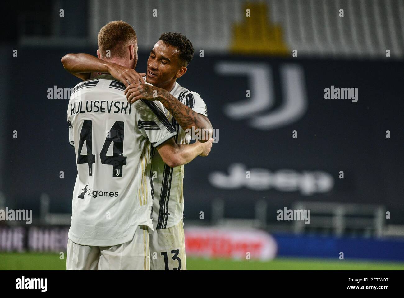 Turin, Italy. 20th Sep, 2020. Dejan Kulusevski and Danilo Da Silva of Juventus FC celebrates during the Serie A football Match Juventus FC vs Sampdoria. Juventus won 3-0 over Sampdoria at Allianz Stadium in Turin. (Photo by Alberto Gandolfo/Pacific Press) Credit: Pacific Press Media Production Corp./Alamy Live News Stock Photo