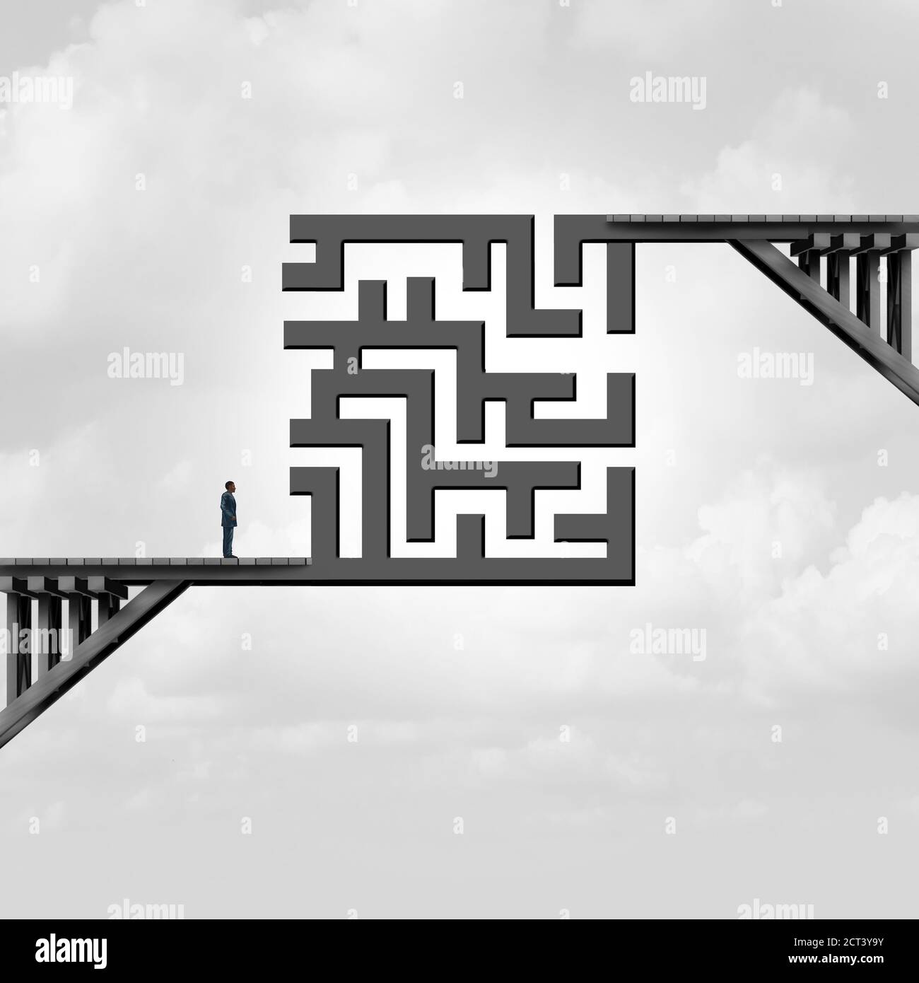 Business concept of challenge and career goal difficulty as a bridge with a maze dividing a path and pathway as a metaphor for corporate strategy. Stock Photo