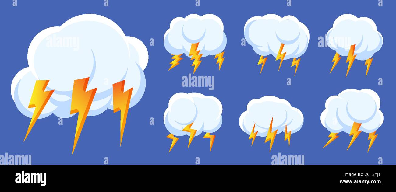 Set of lightning bolt thunderstorm cloud icons. Sign logo storm, thunder and lightnings strike. Design symbol weather for web or app. Different fast shiny shock flash sign Isolated vector illustration Stock Vector