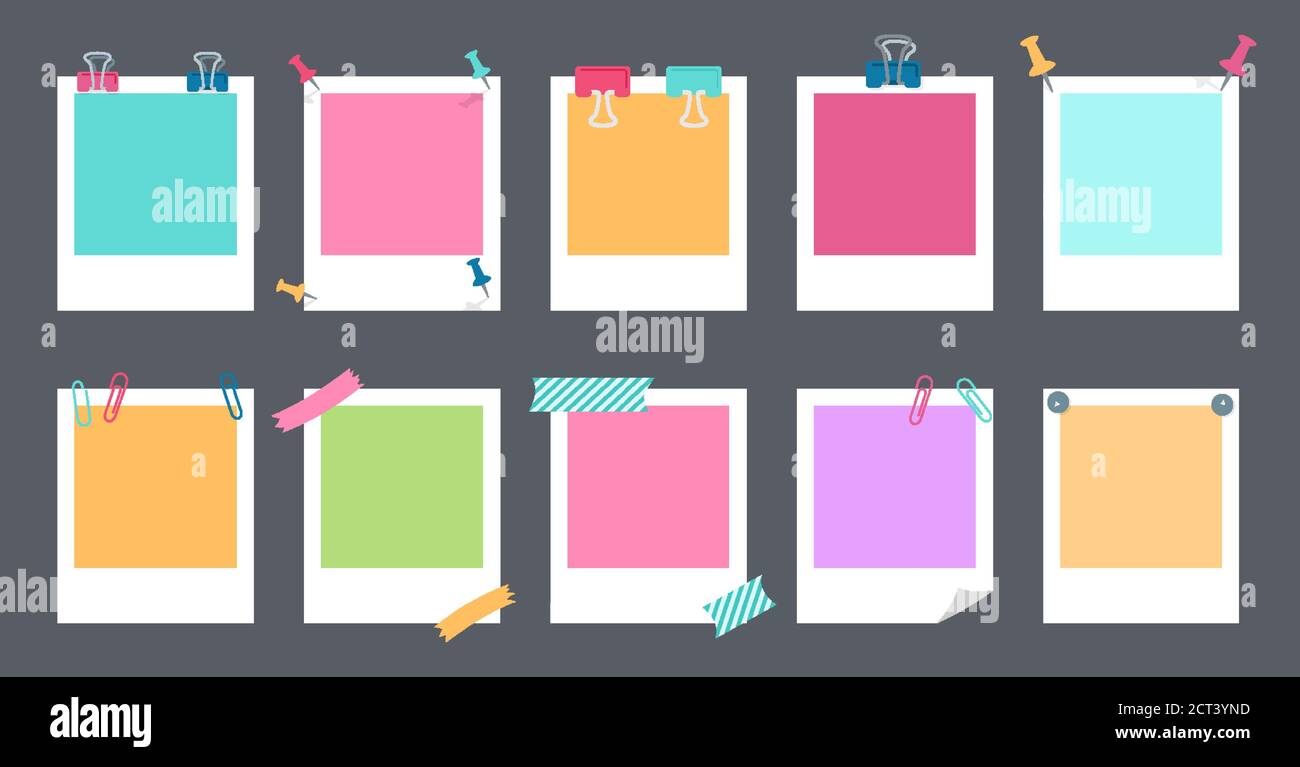 Polaroid photo frame set. Notebook collection with paper clip, push pins.  Paper notes memo messages with elements planning. Various tag business  office, writing reminds. Isolated vector Stock Vector Image & Art -