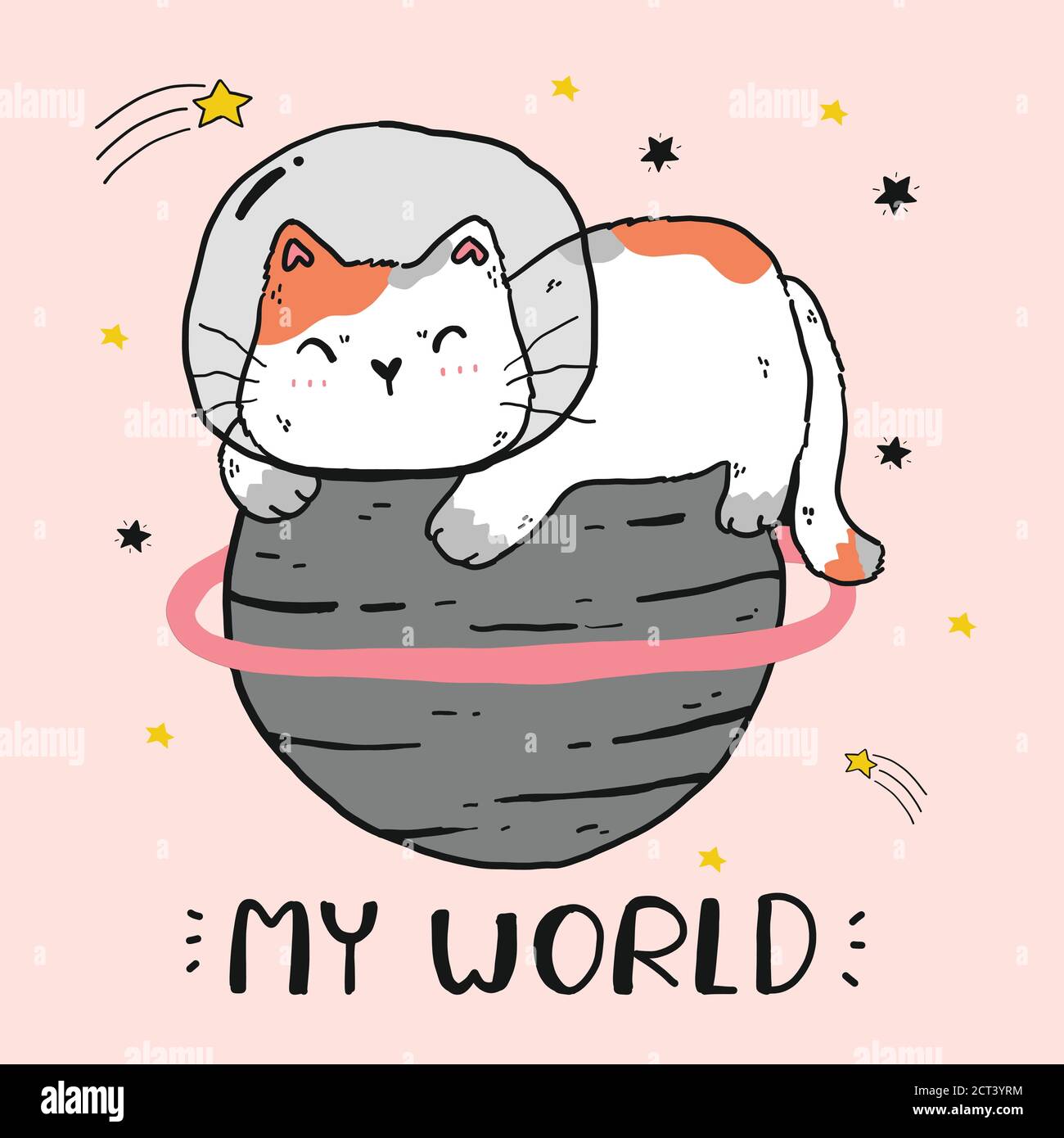 cute fat cat sit on the world, cat world, my world, funny cat clip art for sticker, sublimation, greeting card, sticker, printable digital Stock Vector
