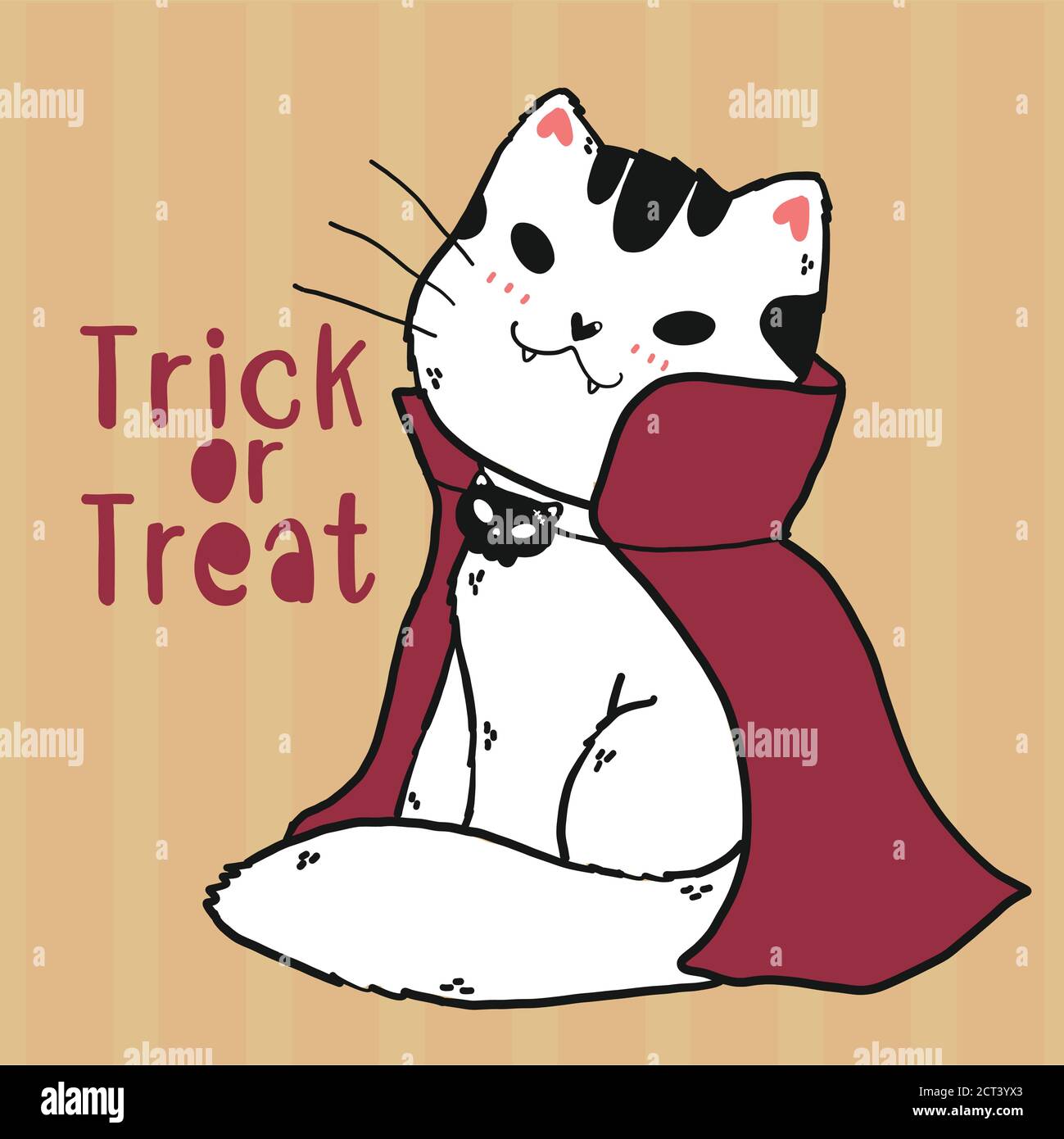 cute doodle cat vampire costume Trick or treat Halloween cartoon clip art flat vector, idea for greeting card, printable card, wall art, sublimation, Stock Vector