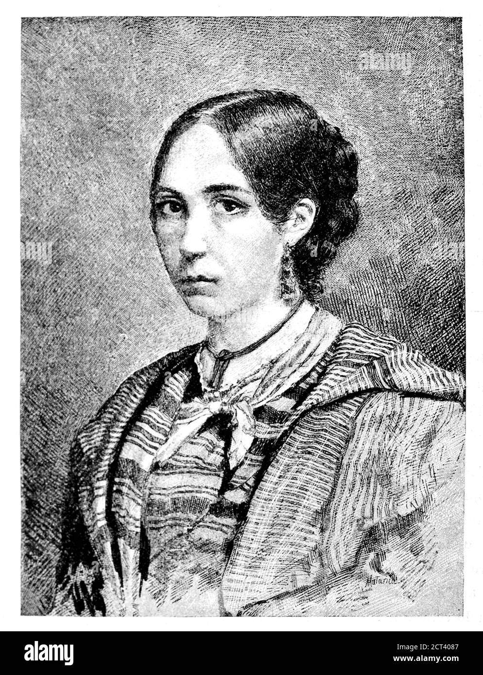1849 c., ITALY : The brazilian revolutionary ANITA GARIBALDI ( 1821 - 1849 ), wife of italian military hero GIUSEPPE GARIBALDI ( 1807 - 1882 ). Portrait pubblished in book GARIBALDI E I SUOI TEMPI by Jesse Mario , illustrated by painter EDOARDO MATANIA , pubblished in 1884 . - POLITICO - POLITICA - POLITIC - Unità d'Italia - RISORGIMENTO - ITALIA - FOTO STORICHE - HISTORY - incisione - engraving - illustrazione - illustration - Ana Maria de Jesus RIBEIRO DA SILVA - chignon ---  Archivio GBB Stock Photo