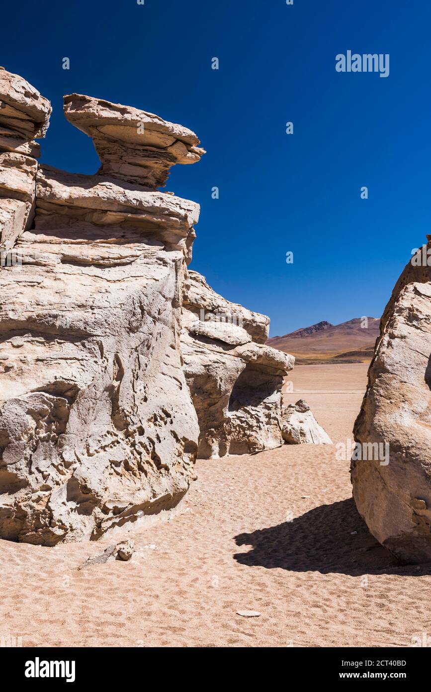 Lava cooled rock formations in the Siloli Desert (part of Atacama Desert) in the Altiplano of Bolivia, Eduardo Avaroa Andean Fauna National Reserve, South America Stock Photo