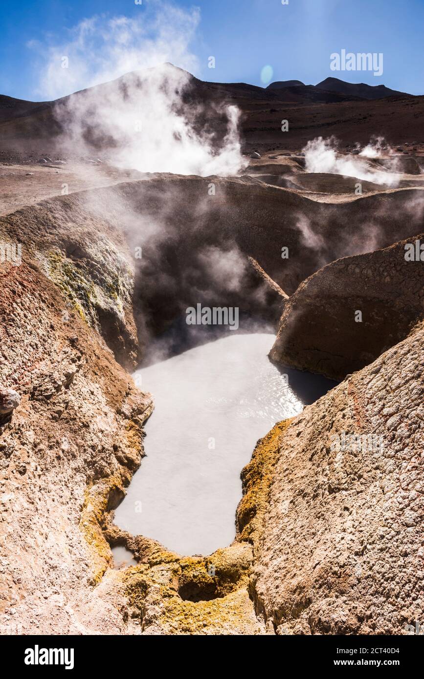 Boiling hot pools at Sol de Manana Geothermal Basin area, Altiplano of Bolivia, South America Stock Photo
