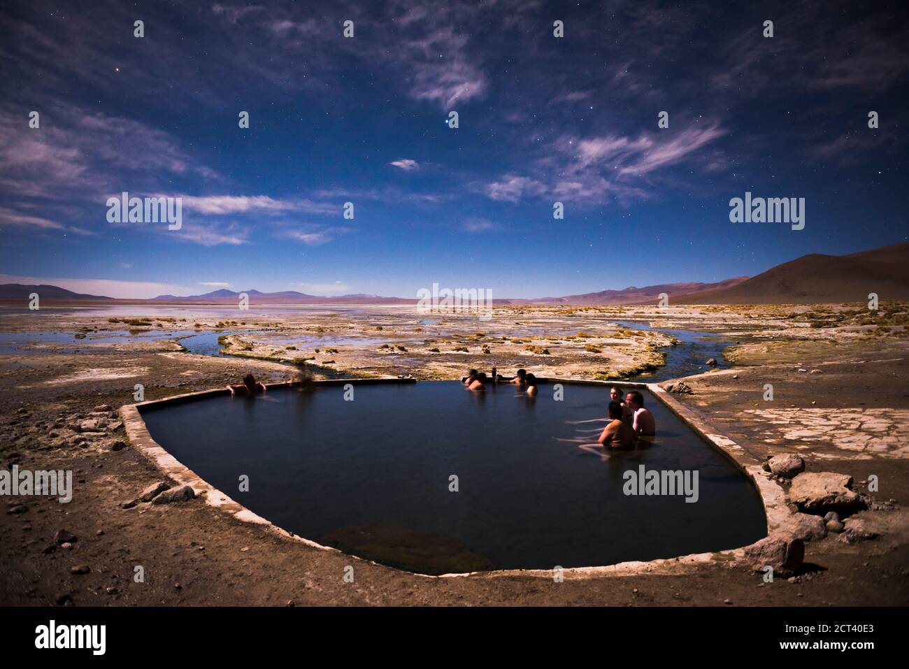 Polques Hot Springs (Termas de Polques) at night, Salar de Chalviri, Altiplano of Bolivia, South America Stock Photo