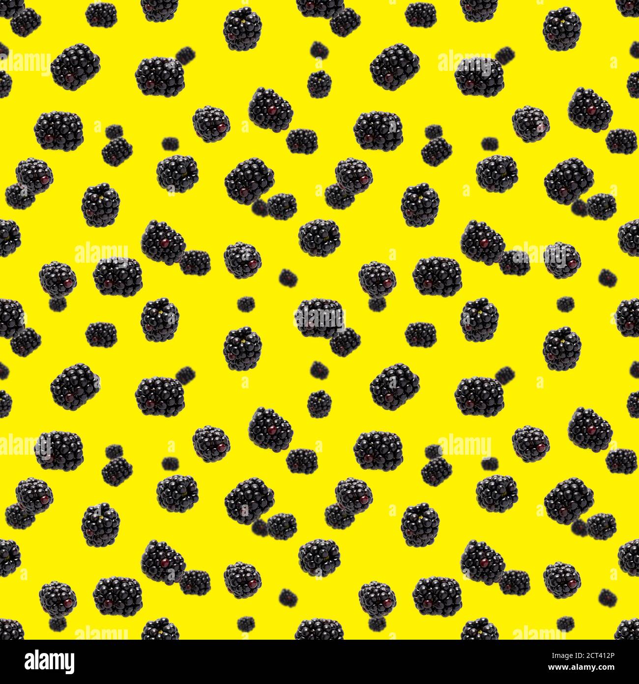 Falling Bramble Seamless pattern. Fresh Falling blackberry seamless pattern. Pattern with fresh wild berries isolated on yellow background. Stock Photo