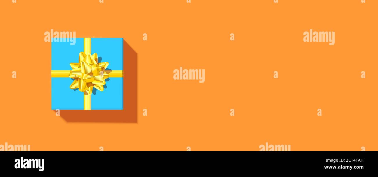 Blue gift box with golden ribbon and bow on orange background ...