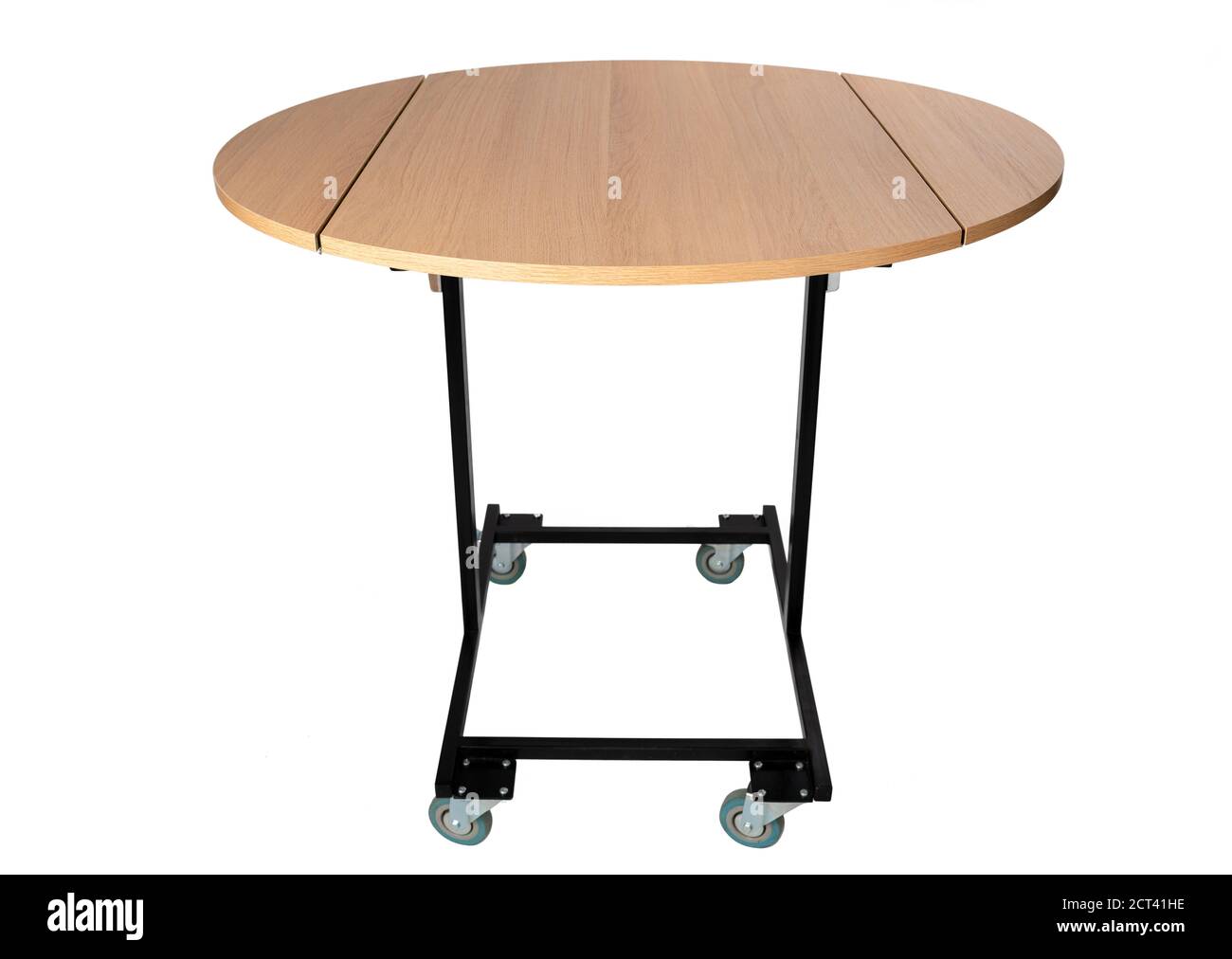 Wooden table on wheels isolated on white Stock Photo Alamy