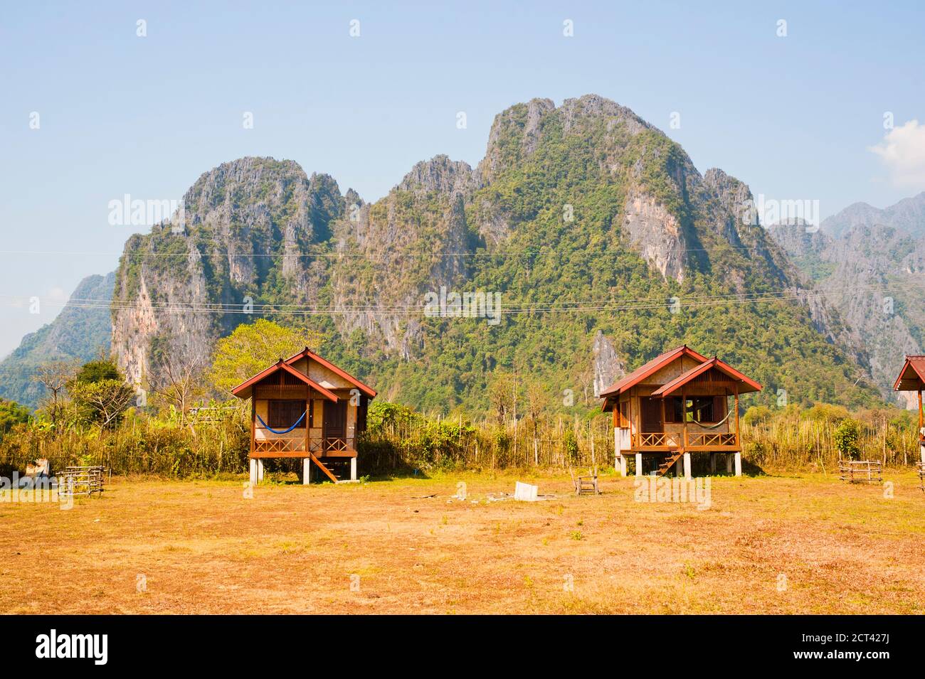 Bamboo Hut and Mountain Scenery in Vang Vieng, Laos, Southeast Asia Stock Photo