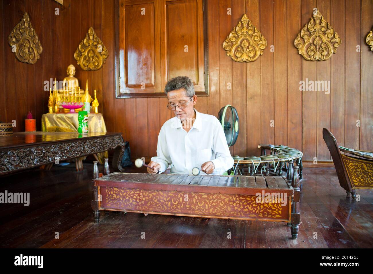 Old Man Playing Music at The Royal Palace, Phnom Penh, Cambodia, Southeast Asia Stock Photo