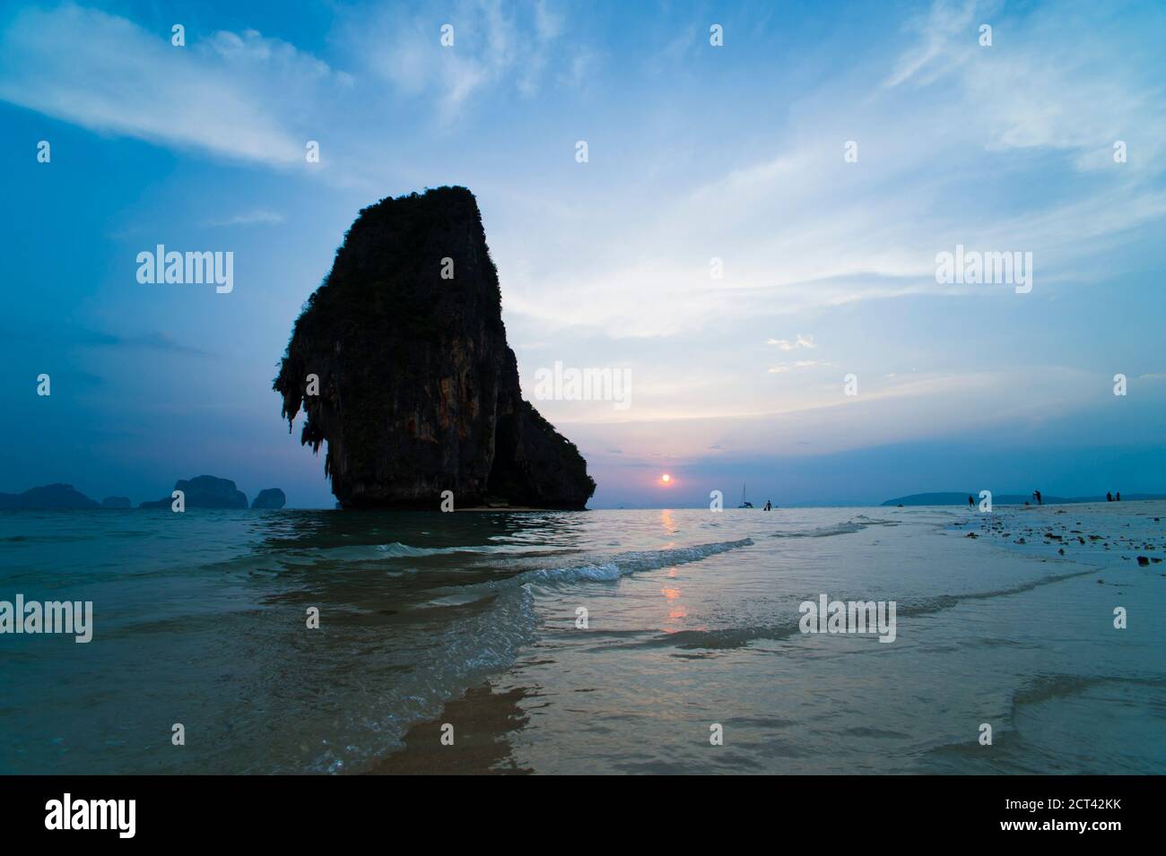 Limestone Karst Silhouetted at Sunset on Exotic Ao Phra Nang Beach, Railay, South Thailand, Southeast Asia Stock Photo