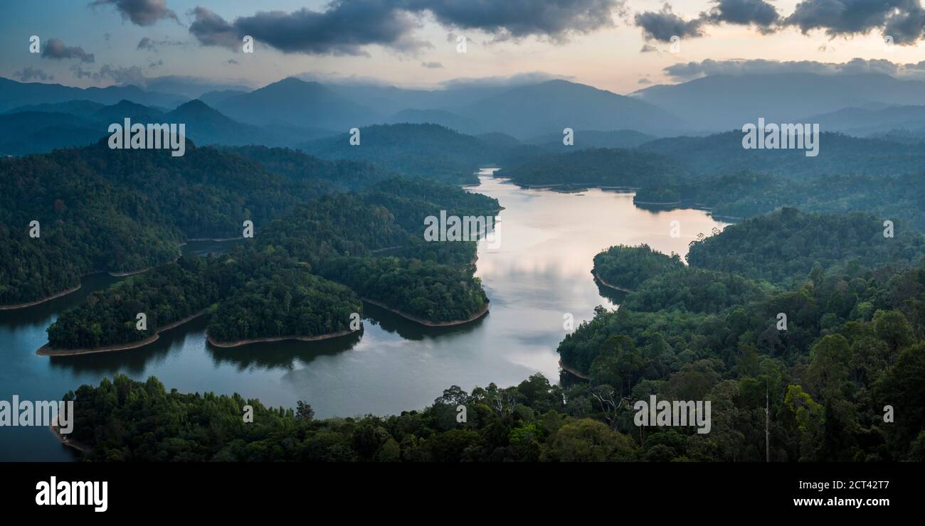 Kland Gate Dam Reservoir at sunrise seen from Bukit Tabur Mountain, Kuala Lumpur, Malaysia, Southeast Asia Stock Photo