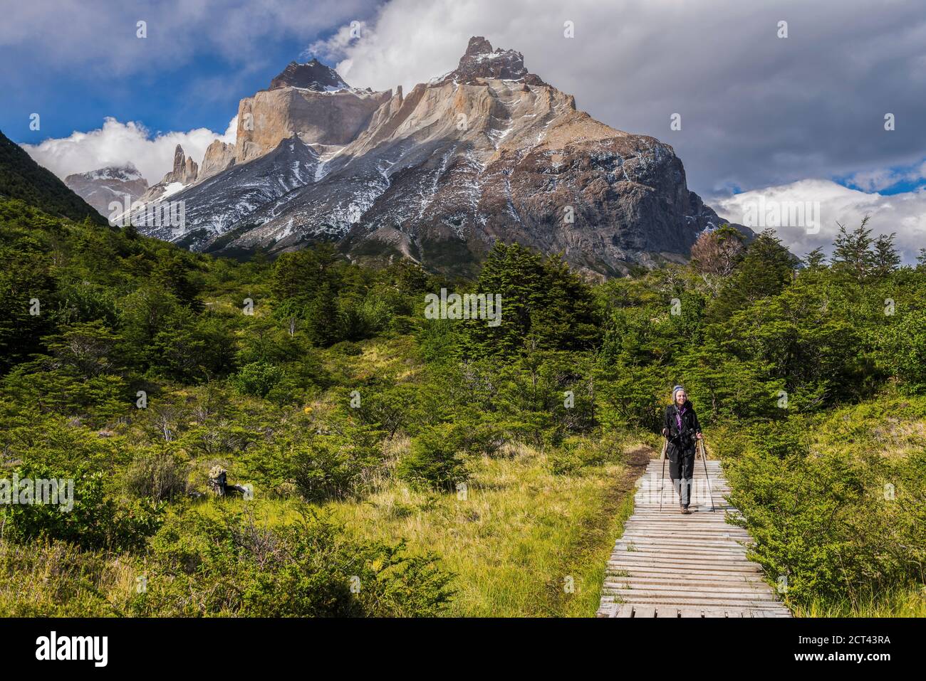 Woman hiking in Torres del Paine National Park with Los Cuernos and the Paine Massif behind, Patagonia, Chile, South America Stock Photo