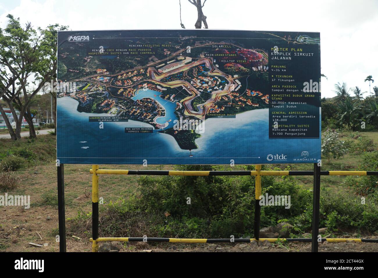 Banners with a plan of the area and the racing circuit. Construction of a complex on the Motogp Mandalika circuit, West Nusa Tenggara, Lombok Stock Photo