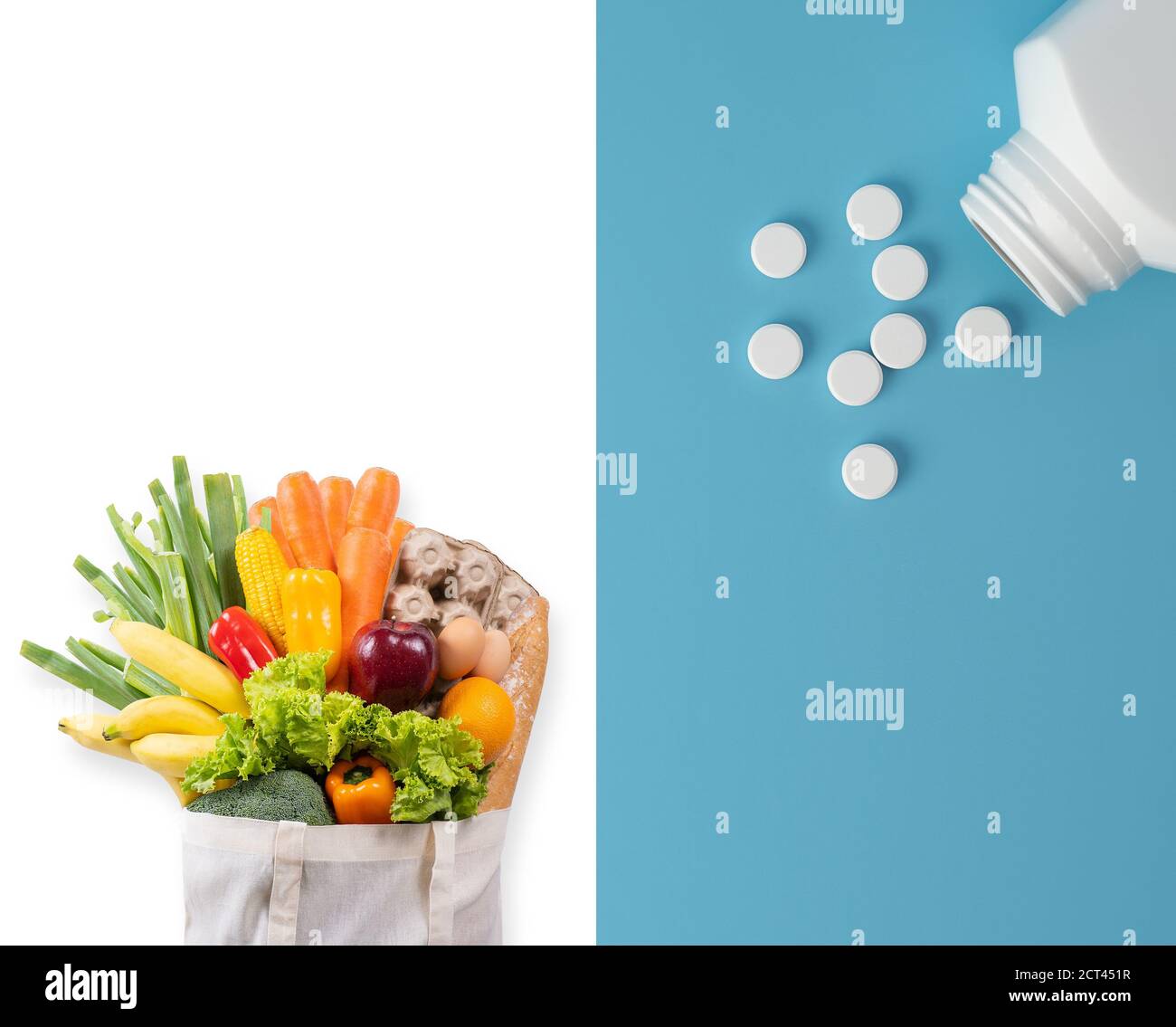 healthy food and drug Vitamins with fruit vegetables medicine health