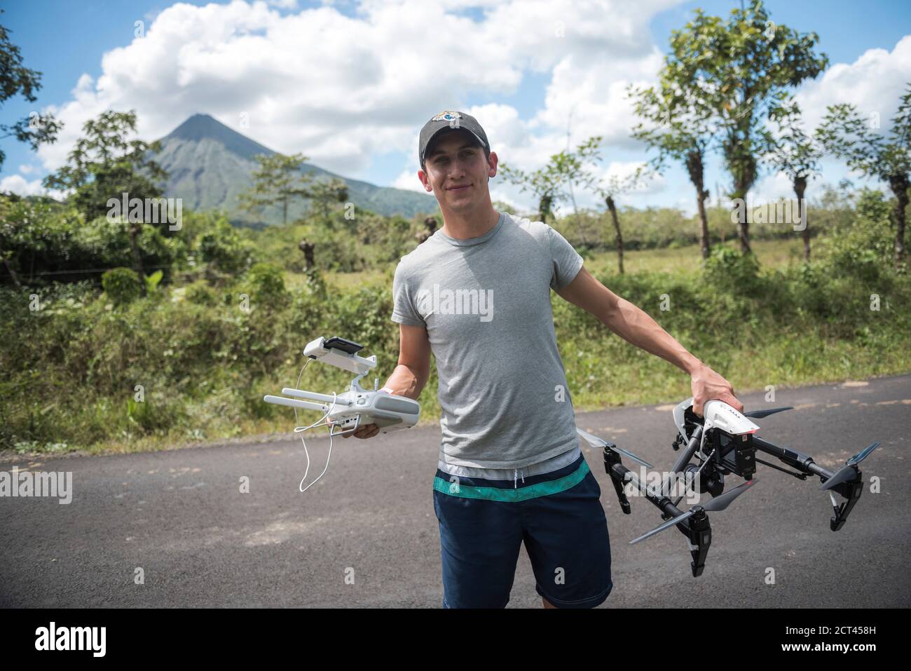 Flying a drone at Arenal Volcano, Alajuela Province, Costa Rica, Central America Stock Photo