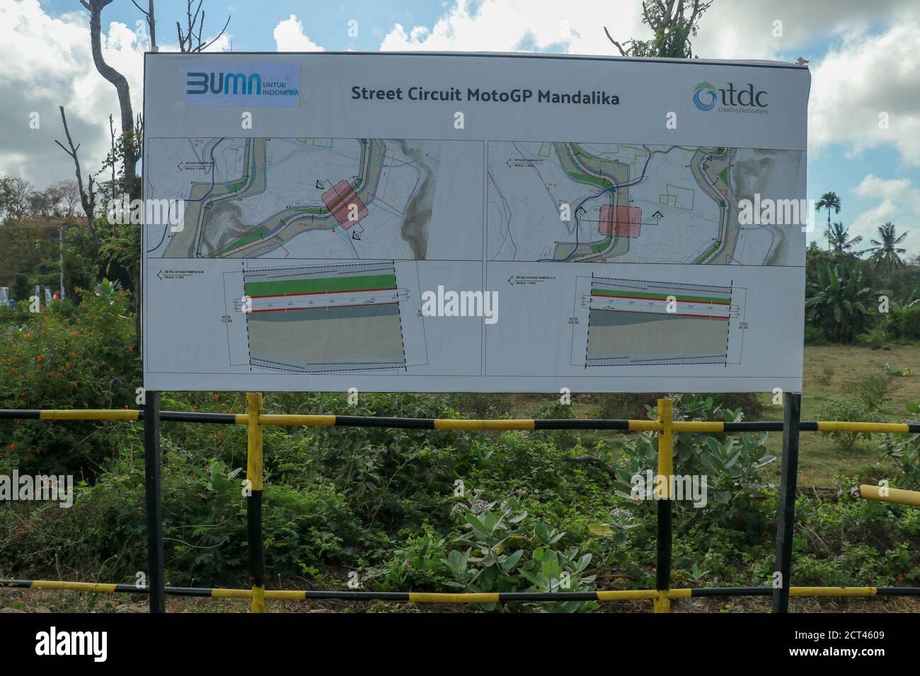 Banners with a plan of the area and the racing circuit. Construction of a complex on the Motogp Mandalika circuit, West Nusa Tenggara, Lombok Stock Photo