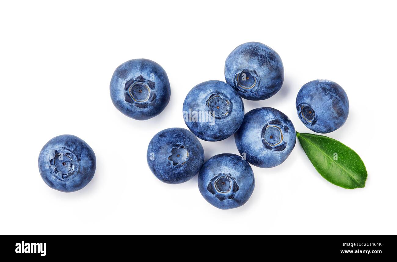 Fresh blueberries with bluberry leaves isolated on white background. Top vew of berries. Stock Photo