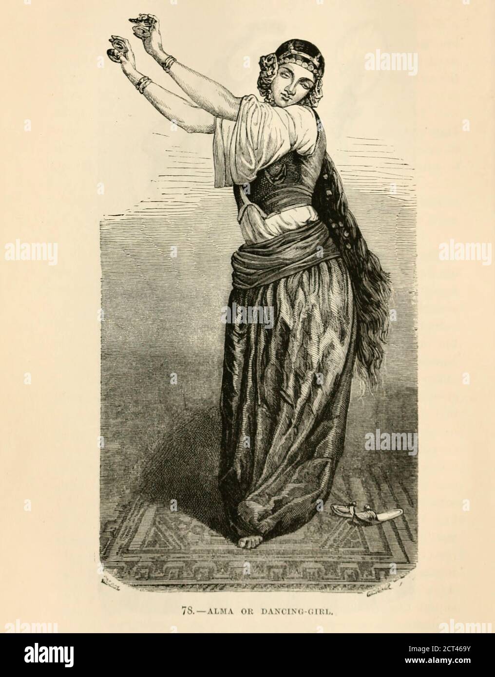 Alma or Belly dancing lady of Cairo, Egypt engraving on wood From The human race by Figuier, Louis, (1819-1894) Publication in 1872 Publisher: New York, Appleton Stock Photo