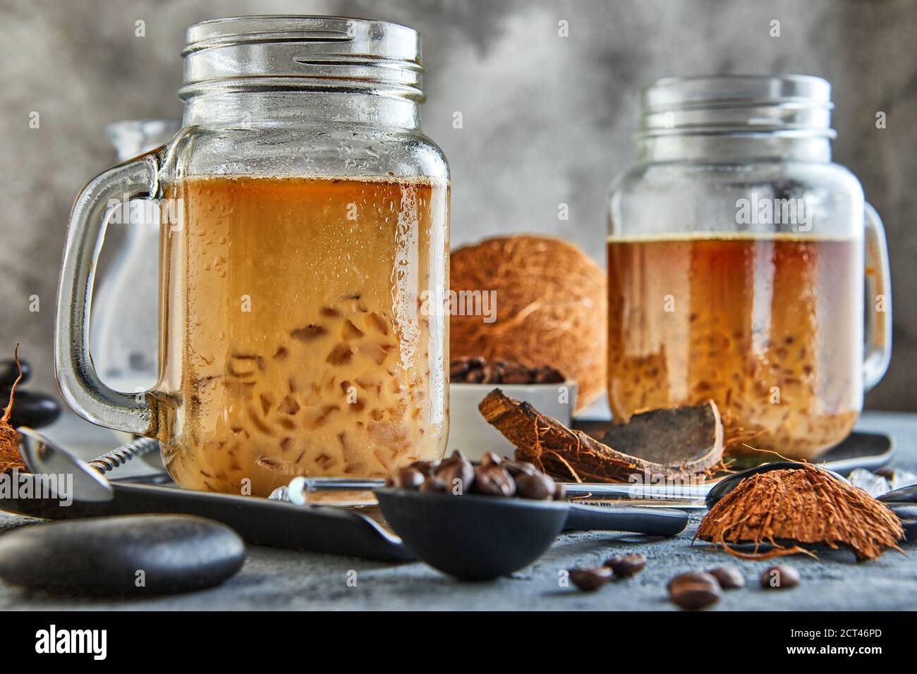 Thai Iced Coffee with Coconut Milk with Crushed Ice in a Mason Jar