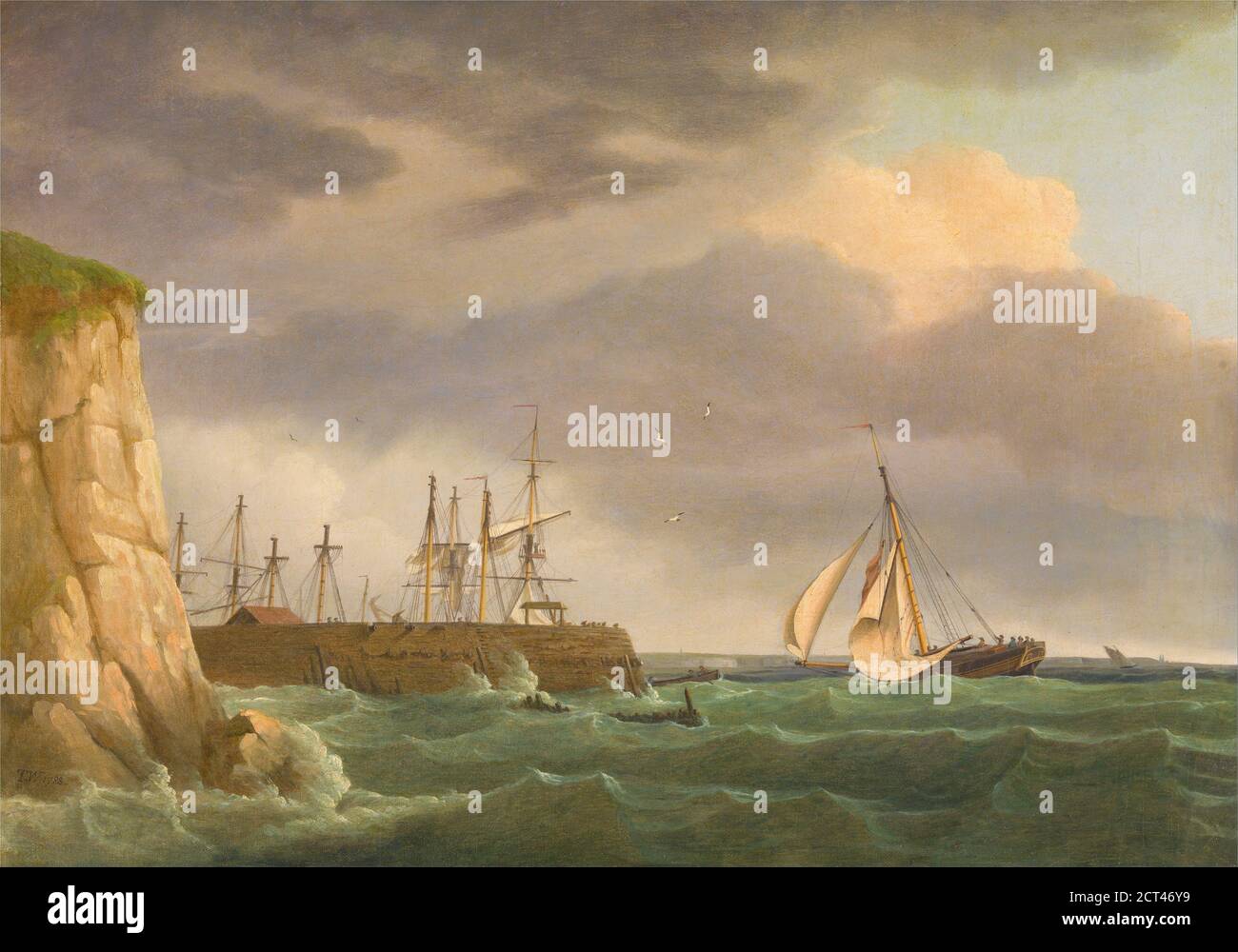 A Ship Running into Harbour with Other Crafts at a Jetty By Thomas Whitcombe (possibly 19 May 1763 – c. 1824) was a prominent British maritime painter of the Napoleonic Wars. Among his work are over 150 actions of the Royal Navy, and he exhibited at the Royal Academy, the British Institution and the Royal Society of British Artists. His pictures are highly sought after today. Stock Photo