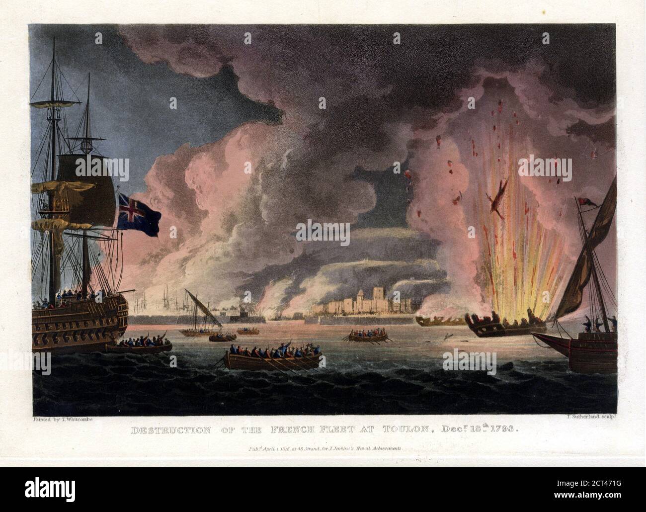 Destruction of the French Fleet at Toulon 18th December 1793. By Thomas Whitcombe (possibly 19 May 1763 – c. 1824) was a prominent British maritime painter of the Napoleonic Wars. Among his work are over 150 actions of the Royal Navy, and he exhibited at the Royal Academy, the British Institution and the Royal Society of British Artists. His pictures are highly sought after today. Stock Photo